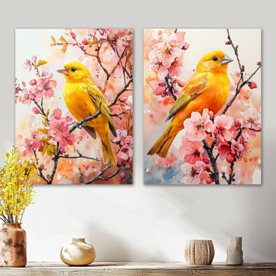 Golden Finch Among the Pink Blossoms Tree I – Yellow Birds Metal Wall Art Set of 2 Prints