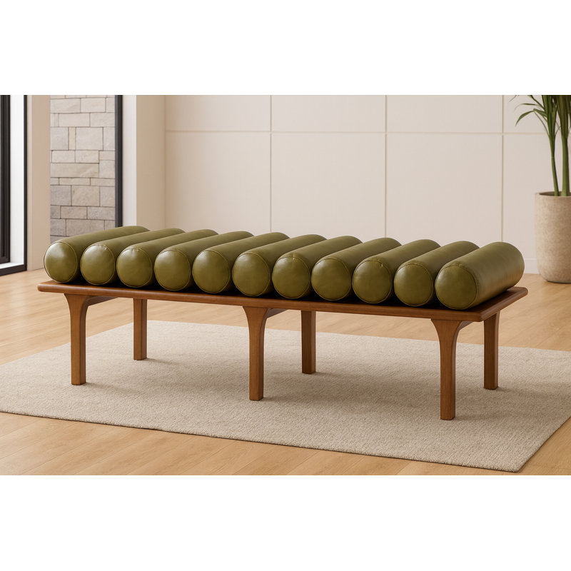 Banc rembourré en similicuir Landon Boutis, Cuir végétalien vert olive, Noyer
