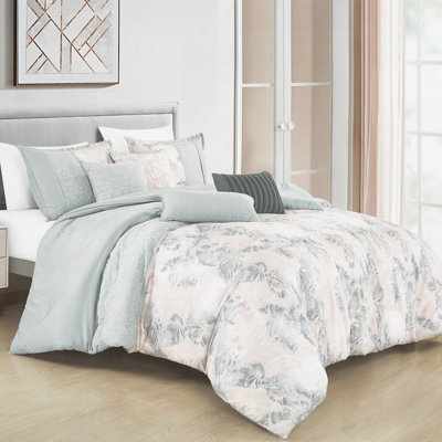 Ensemble d'édredon brodé à motif floral aquarelle rosé et gris 7 pièces, literie toutes saisons avec coussins décoratifs, grand