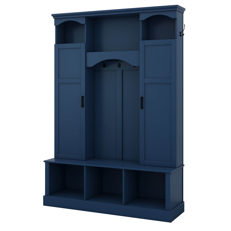 Hall Tree With Bench And Shoe Storage, Hall Tree With Adjustable Shelves, Arched Storage Bench With Cabinets, 7 Hooks, Blue