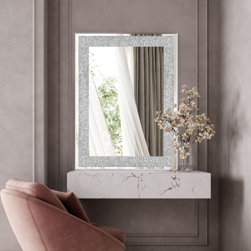 24 Inch Decorative Wall Mirror, Silver Diamond Mirror With Crystal For Wall Decor Living Room Silver Luxury Modern Mirrored Home Decoration