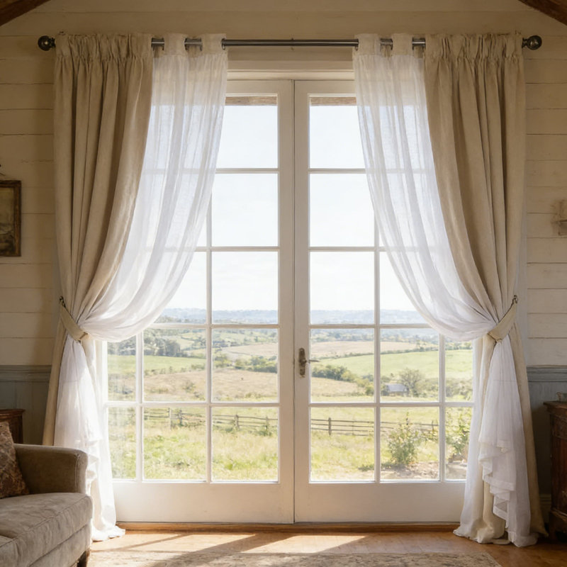 Double Layer Curtains 2-Pack - Sheer & Blackout Room Darkening Panels With Grommet Top, Energy Efficient Indoor Window Drapes