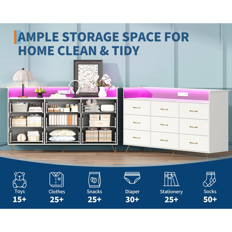 9 Drawer Wooden Dressers for Bedroom with LED Lights & Charging Station, Wood Chest of Drawers with App Control, White