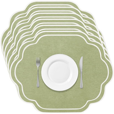 6-piece sage green wedding placemats, scalloped embroidered cotton linen placemats, 17 inches x 13 inches, double-layer, machine washable, suitable for party table decoration (cotton)