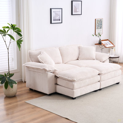 Canapé en velours côtelé 2 places avec 2 coussins de dossier, 2 coussins décoratifs et 2 repose-pieds, canapé confortable et profond