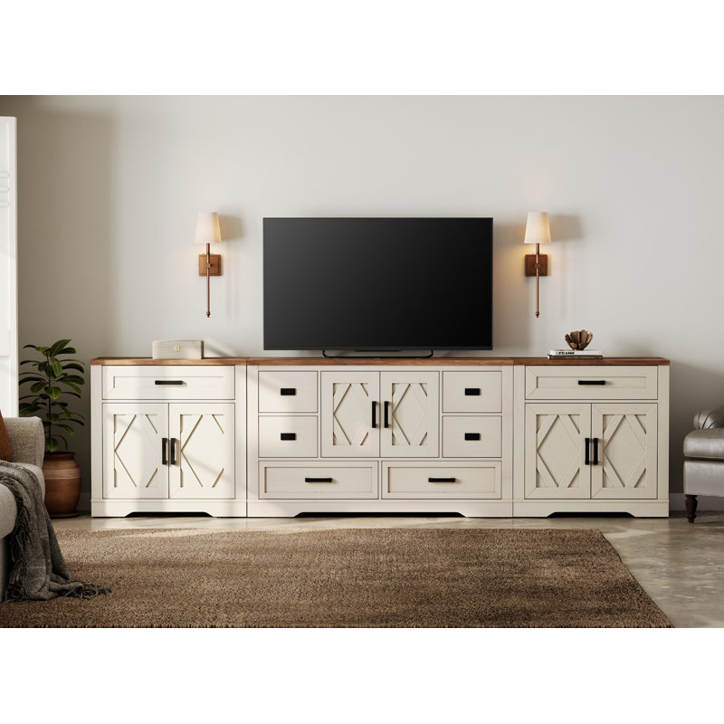Laziza 117"W Large TV Stand,3-In-1 Farmhouse Entertainment Center With Storage Barn Door Cabinet,TV Console Table With Media Cabinet And Drawers For Living Room,Bedroom,Cream