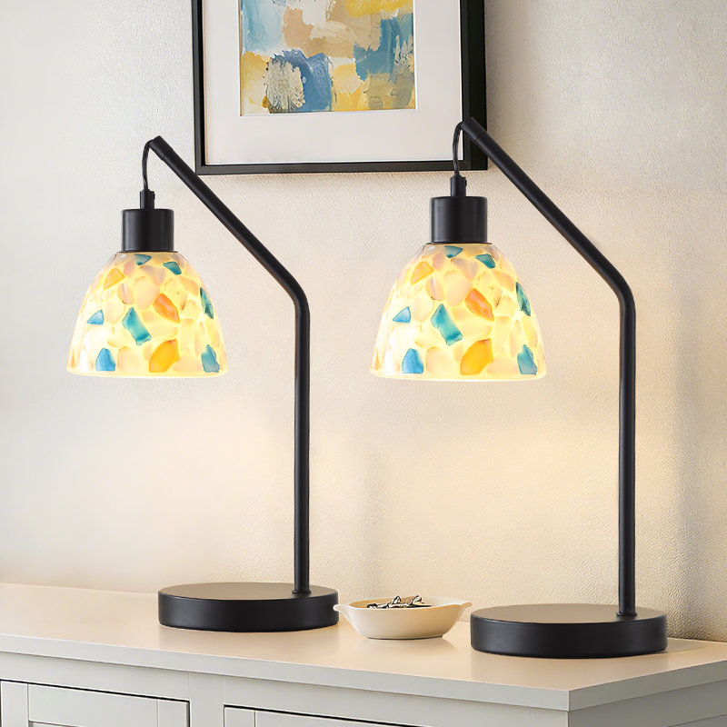 Ensemble de 2 lampes de table modernes avec abat-jour en verre incrusté de coquillage coloré, lampes de chevet en métal noir avec interrupteur en ligne, ampoules DEL E26 incluses