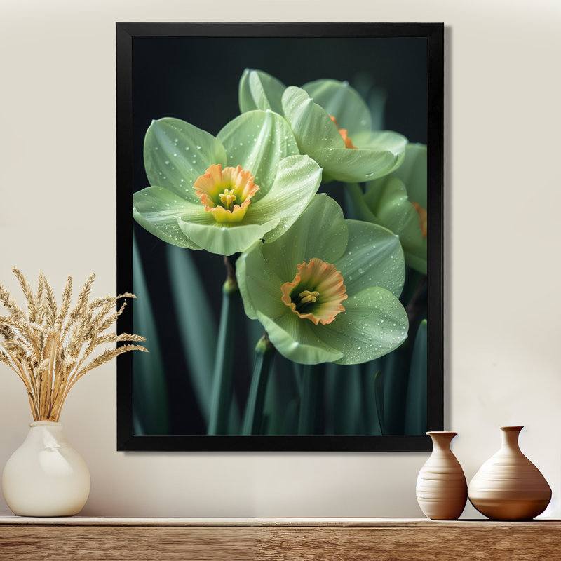 Monochromes jardin glamour jonquilles I - jonquilles murales salon, Cadre simple noir, H 12 po x l 20 po