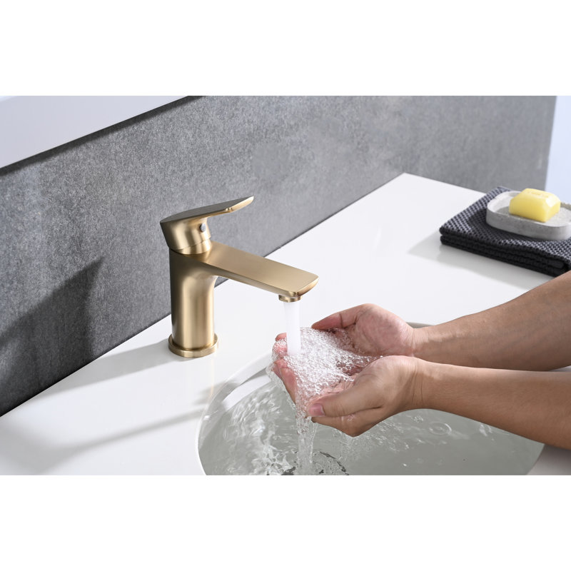 Modern Lavatory Basin Sink Faucet - Brushed Gold, Single Handle, Heavy Duty Brass, Ceramic Cartridge, Wall Mount, Hot & Cold Switch Bathroom Gold Finish, And Feature