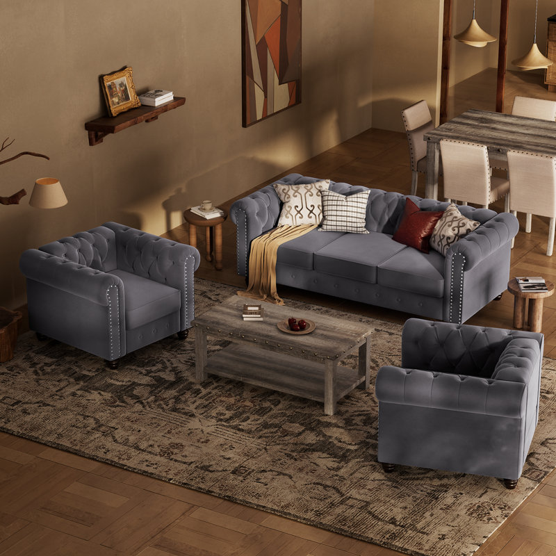Ensemble de salon chesterfield 3 pièces Abdulhameed, Velours gris clair