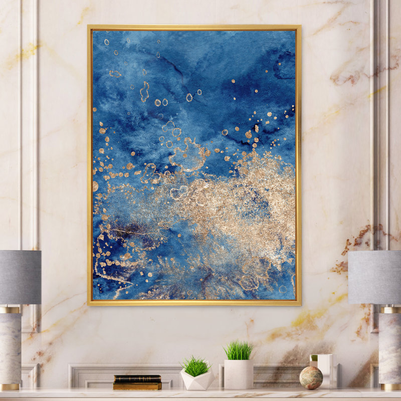 Abstrait classique bleu et or II - peinture sur toile, H 20 po x l 12 po, Cadre flottant doré