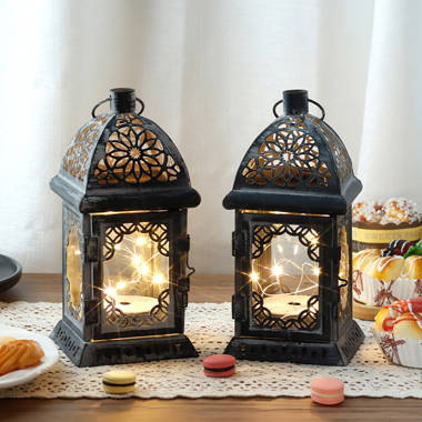 Battery-Operated Metal Lantern with LED Candle - 17 Black Window