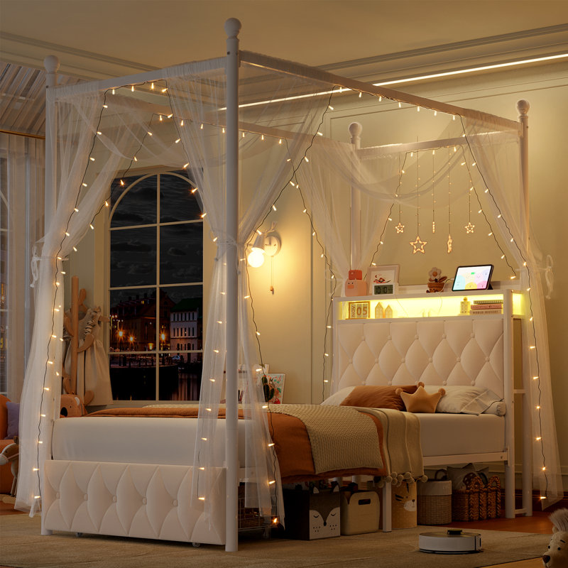 Metal Canopy Storage Bed with LED and USB Charging, Twin, White