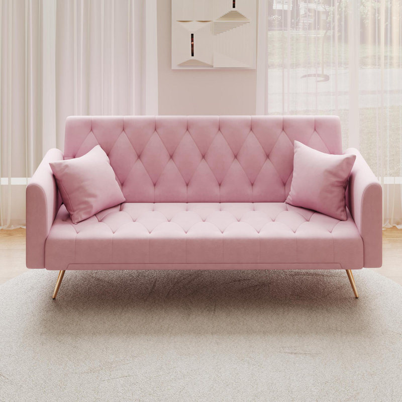 Soft and cosy tufted upholstered Futon Sofa, Pink Velvet
