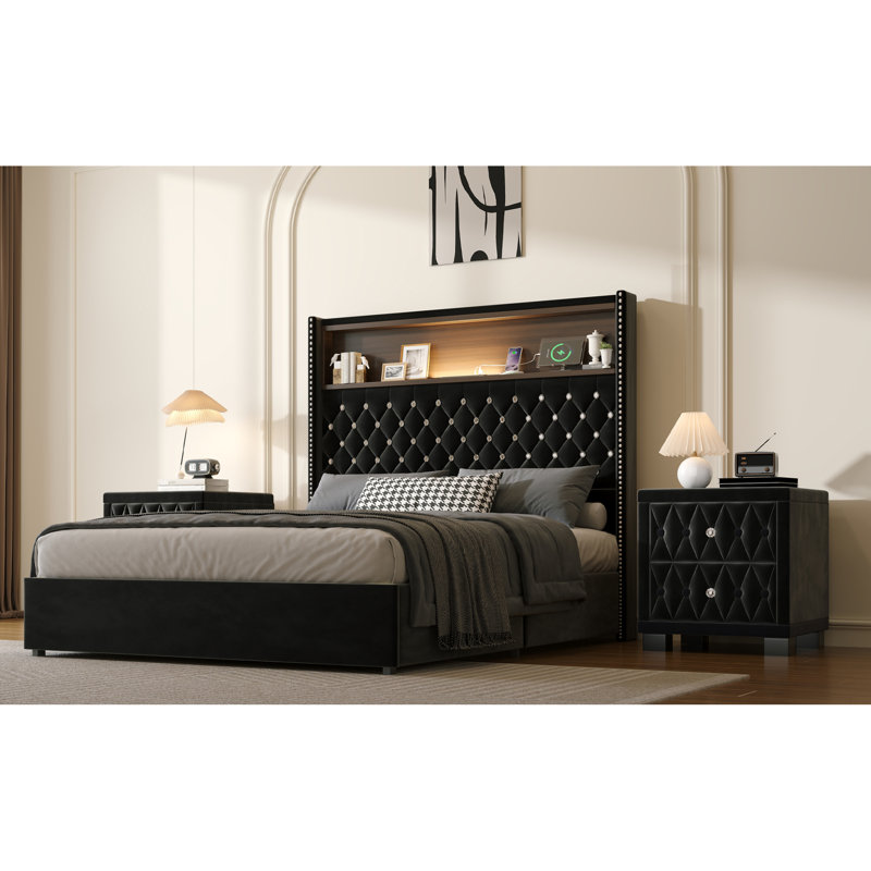 Luxueux lits en velours, finition noire avec USB et veilleuse