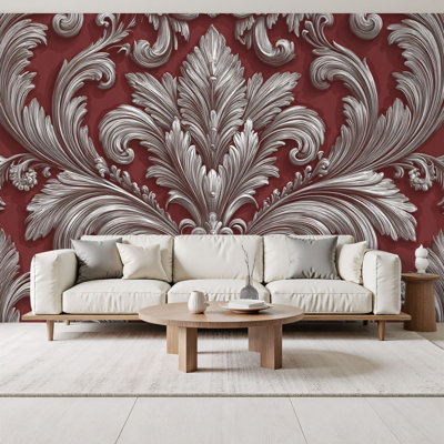 Papier peint à motif damas rétro avec motif de tissu baroque rouge H 69 po x l 96 po, papier peint amovible en PVC pour décoration murale auto-adhésif pour chambre à coucher, bureau à domicile