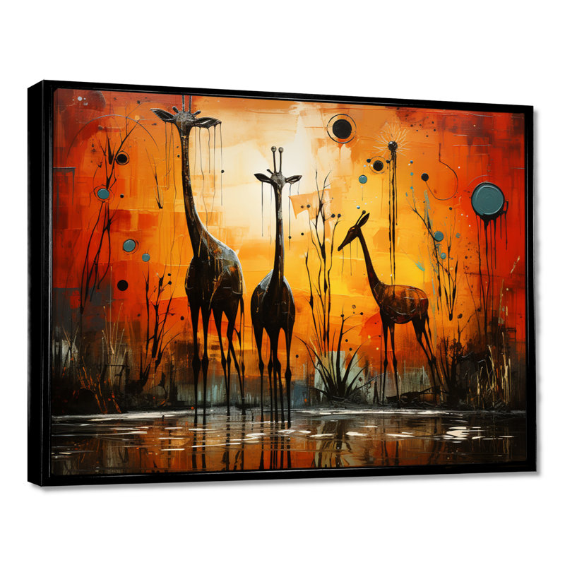 Trois girafes, savane africaine, girafe, art mural, H 12 po x l 20 po, Toile flottante noire encadrée