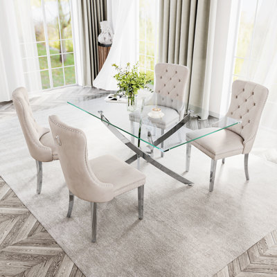 Modern Stainless Metal Base And Rectangle Glass Dining Table Set With Luxury Velvet Dining Chairs
