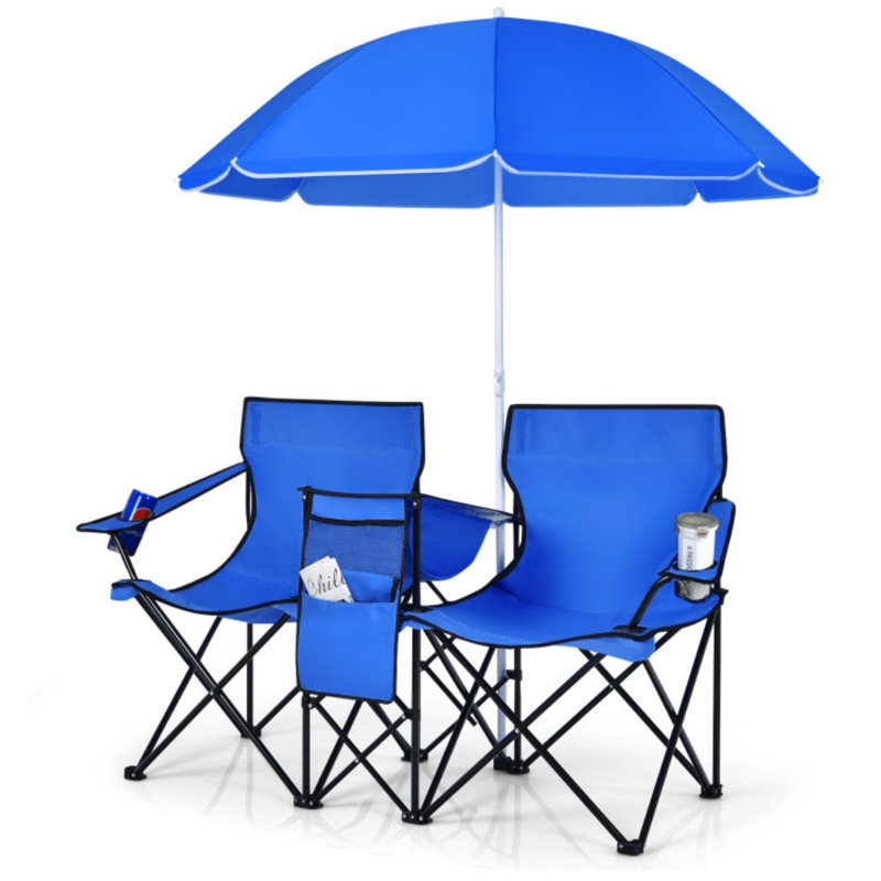 Portable Folding Picnic Double Chair With Removable Umbrella, Blue