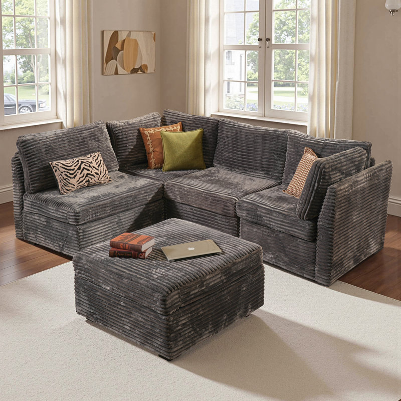 5 - Piece Modular Upholstery Sectional Sofa, Gray Polyester
