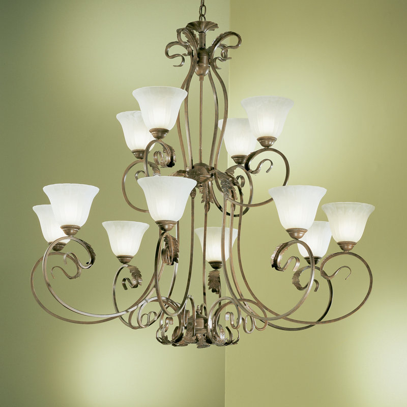 Lustre classique/traditionnel 12 lumières ombrées Manilla, Bronze anglais, Verre d'albâtre blanc