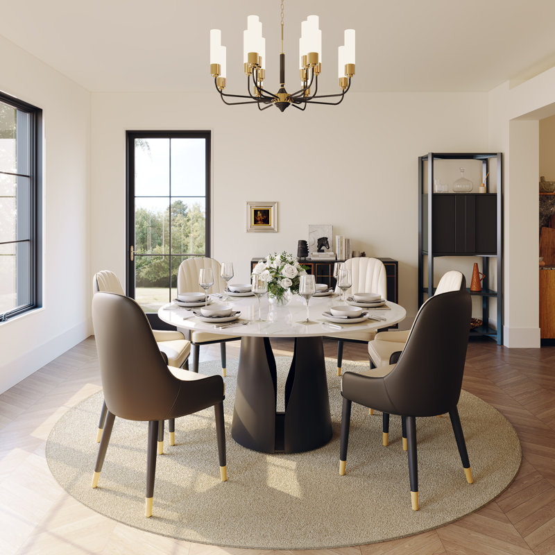  5/7 Pieces Modern Dining Room Sets, Pre-Assembly Round Dining Table Sets, Sintered Stone Tabletop Kitchen Dining Table Set With PU Upholstered Chairs