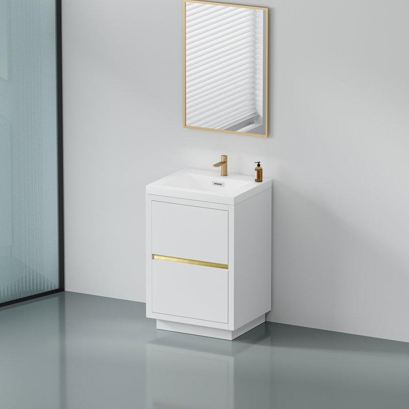 Armoire de rangement flottante pour salle de bain avec comptoir en résine de pierre et tiroirs à fermeture en douceur, Blanc
