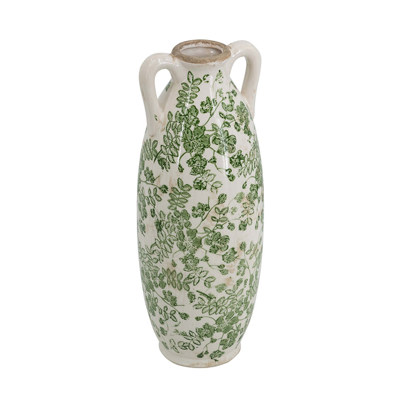 Vase à fleurs en céramique blanche avec motif floral vert et petites poignées