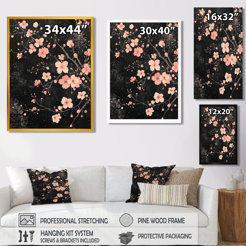 «Cherry Blossom Midnight Blooms II - Cherry Blossom», reproduction sur toile encadrée, Noir, noir, noir, noir