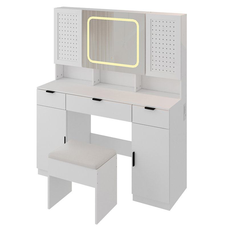 Grand ensemble de coiffeuse avec miroir lumineux à DEL, Noir, noir, noir, noir, Blanc