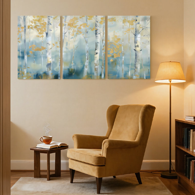 Paysage et nature, bouleaux avec feuilles dorées et ciel bleu, ensemble de 3 impressions sur toile, H 36 po x l 72 po