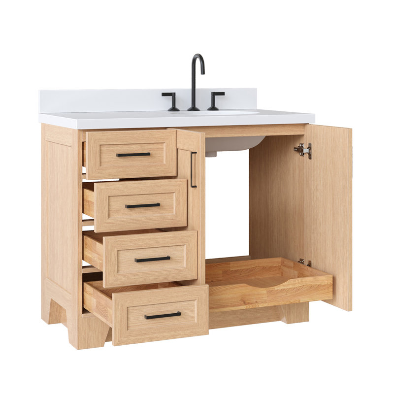 Ensemble de meuble-lavabo simple 43 po en bois massif bleu minuit avec plateau en quartz blanc pur 1,5 po Freitas, Oui, Ovale