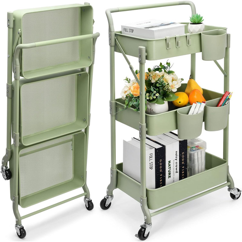 Chariot roulant pliable à 3 niveaux, Vert, H 39,76 po x l 17,7 po x P 11 po