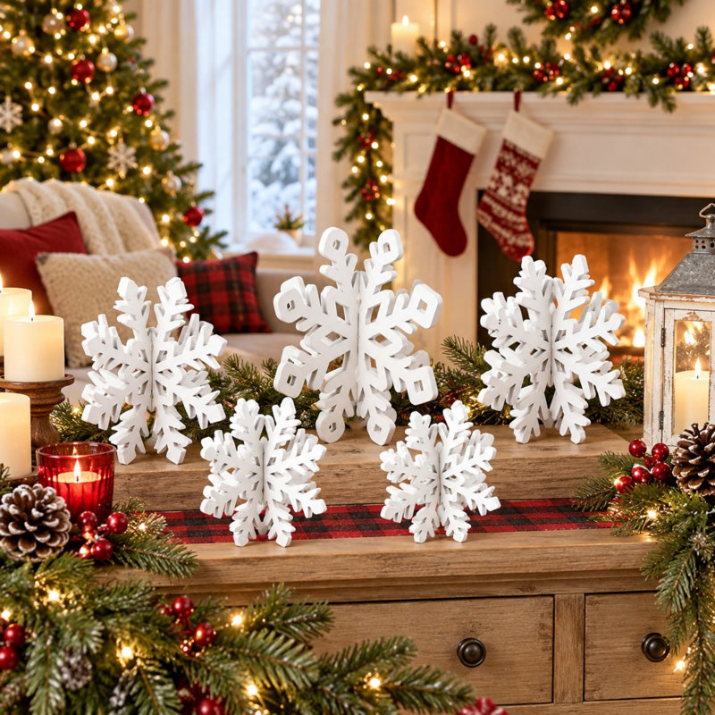 Ensemble de 6 décorations de table en bois blanc 3D en forme de flocons de neige