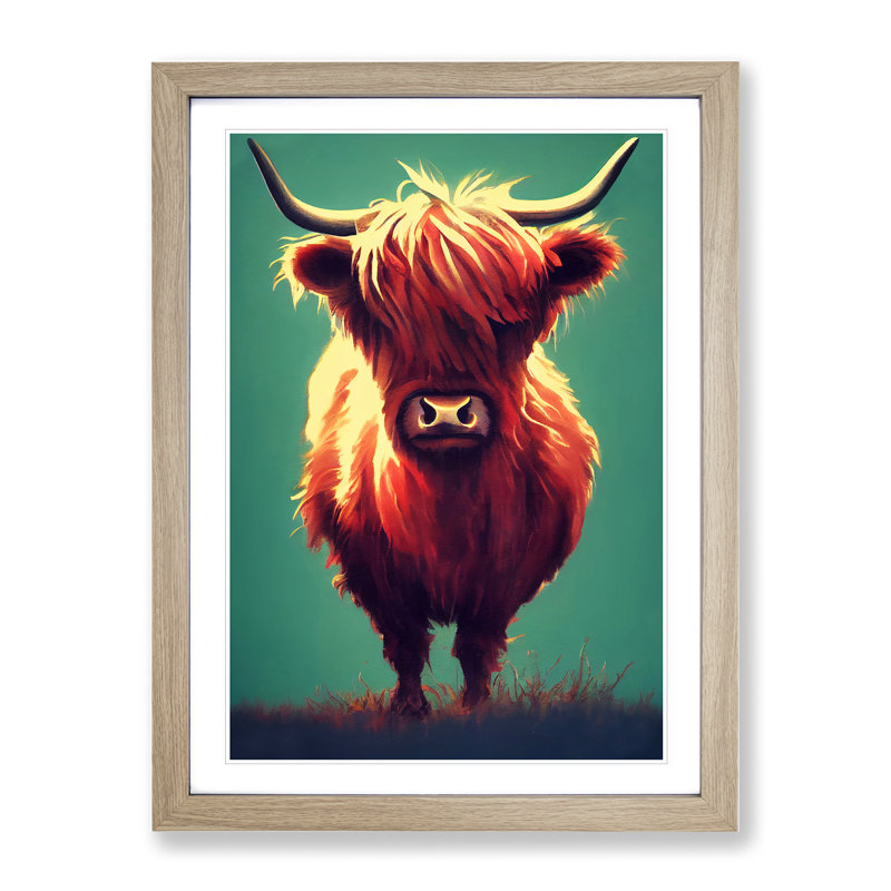 Cool Highland Cow 1 Piece Single Picture Frame Wall Art, 46cm H x 34cm W x 2cm D, Oak