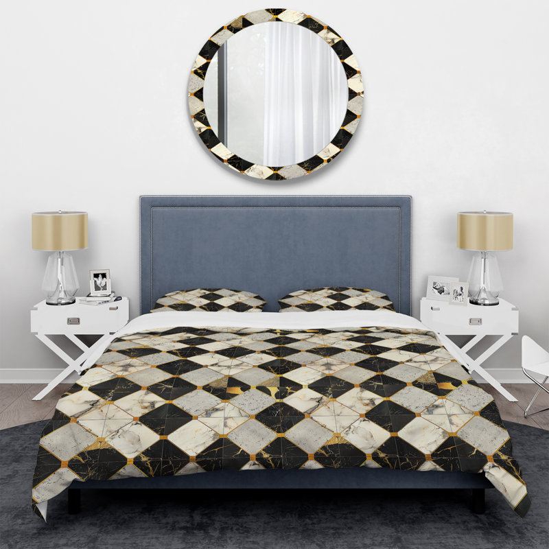 Ensemble de housse de couette Gold Black Tiles II - Tiles, Housse de couette simple + 2 taies décoratives st