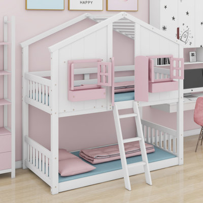 House Bunk Bed With Roof , Window, Window Box, Door , With Safety Guardrails And Ladder
