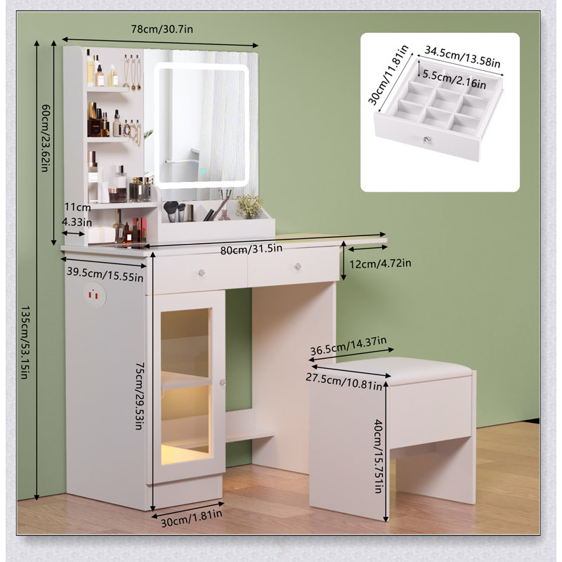 Bureau de coiffeuse compact avec miroir, lumières et chaise, plateau en verre, 2 ports USB, 2 tiroirs, 1 armoire, 3 modes d'éclairage