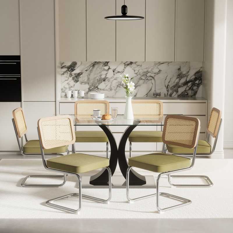 Ensemble de salle à manger rectangulaire, 7 pièces : table, 6 chaises, Noir, Vert olive