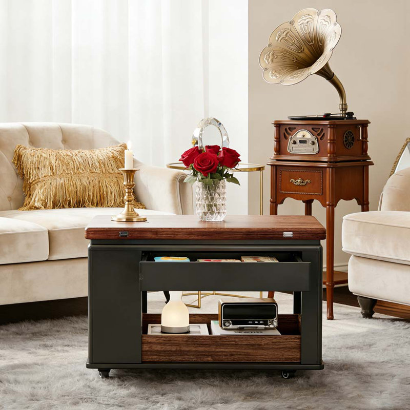 Table basse / table d'appoint moderne 27,6 po avec plateau pliable, Noir, noyer