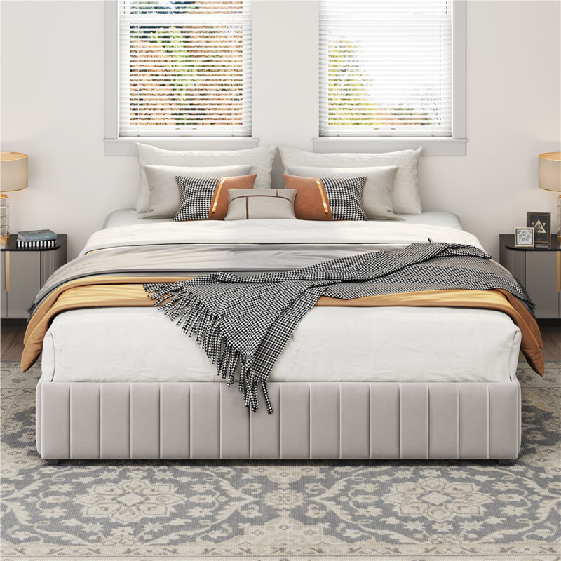 Structure de lit tapissier moderne avec rangement, Beige, Queen