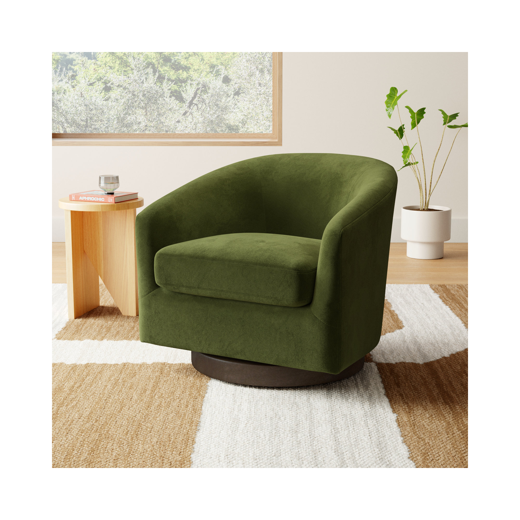 Bennett Upholstered Swivel Barrel Chair, Bella Forest Performance Velvet