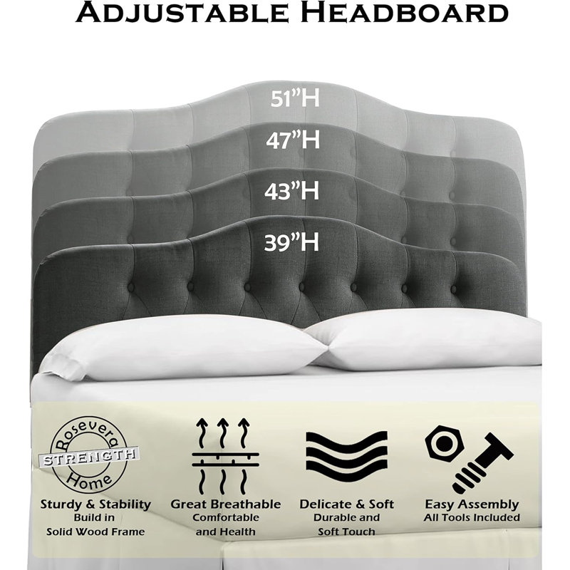 Linen Upholstered Headboard-Modern-Adjustable Height-Button Tufting, Black, Queen