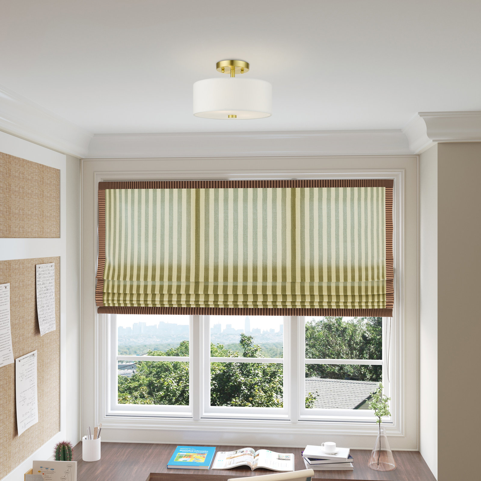 Flaire 2 Light Fabric Semi Flush Mount, 7.75" H x 11" W x 11" D, Satin Brass