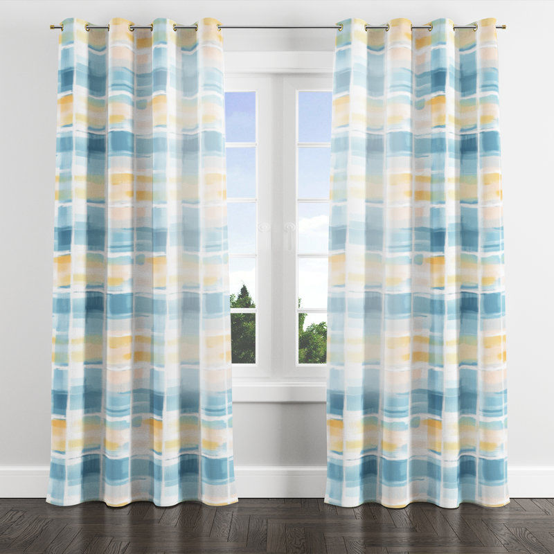 Rideaux modernes pour chambre à coucher - Rideau à oeillets à carreaux bleu clair Horizon - 1 panneau, Œillets dorés