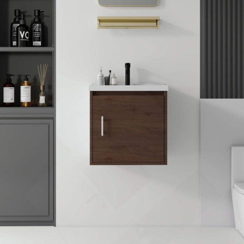 Meuble-lavabo flottant 20 po avec lavabo, porte à fermeture en douceur, lavabo en céramique, contreplaqué, Brown