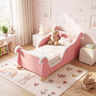 Sleigh-Shaped Upholstered Toddler Bed, Velvet Kids Bed Frame with Fuzzy Trim & Raised Guardrails, Fits Standard Crib Mattress