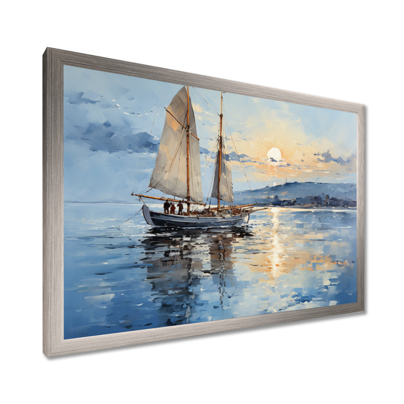 Bateau, voile, reflets I - art encadré de bateau côtier, H 30 po x l 40 po x P 1,5 po, Cadre simple argenté