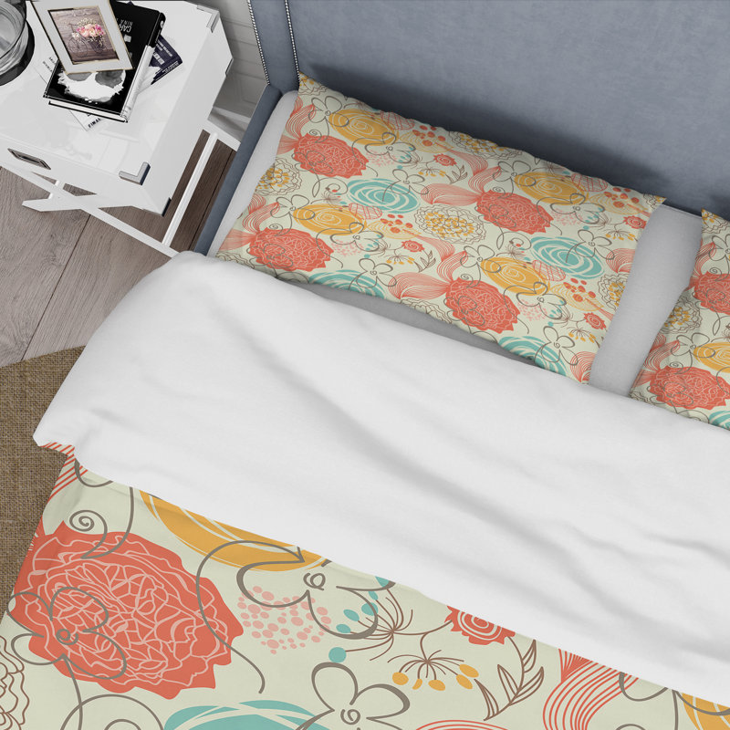 Fleurs orange et bleues rétro - ensemble de housse de couette moderne Mid-Century - microfibre de polyester