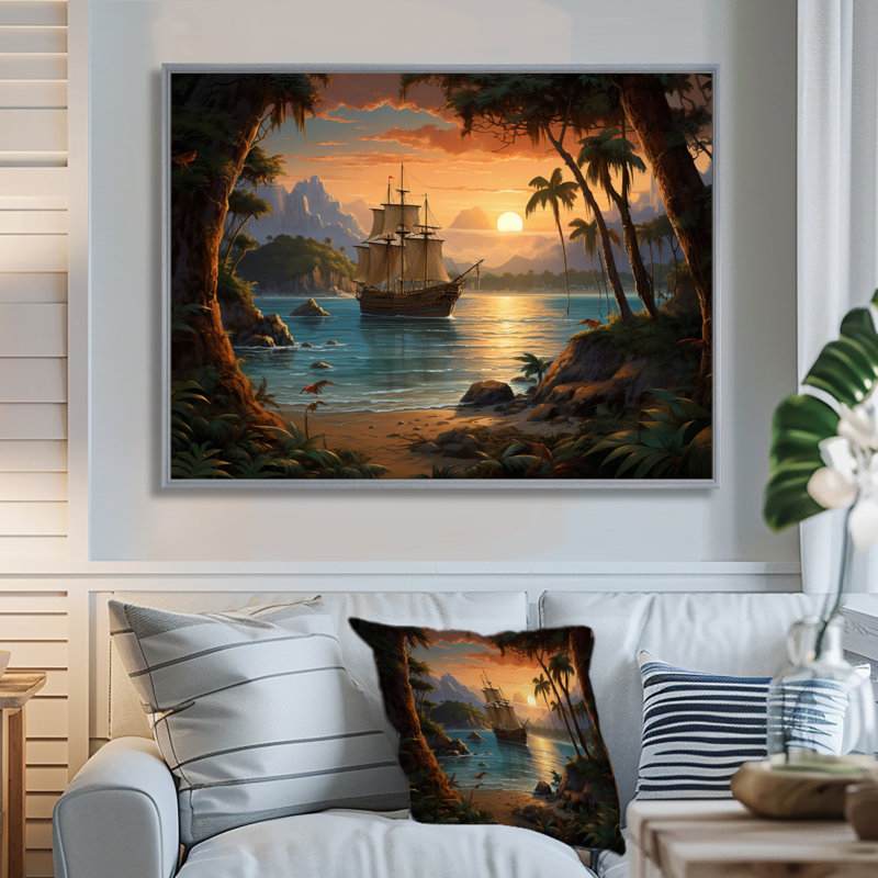 Pirate Boat Lost Isles - Pirate, reproduction d'art sur toile encadrée, H 24 po x l 32 po x P 1 po, Encadrement argenté